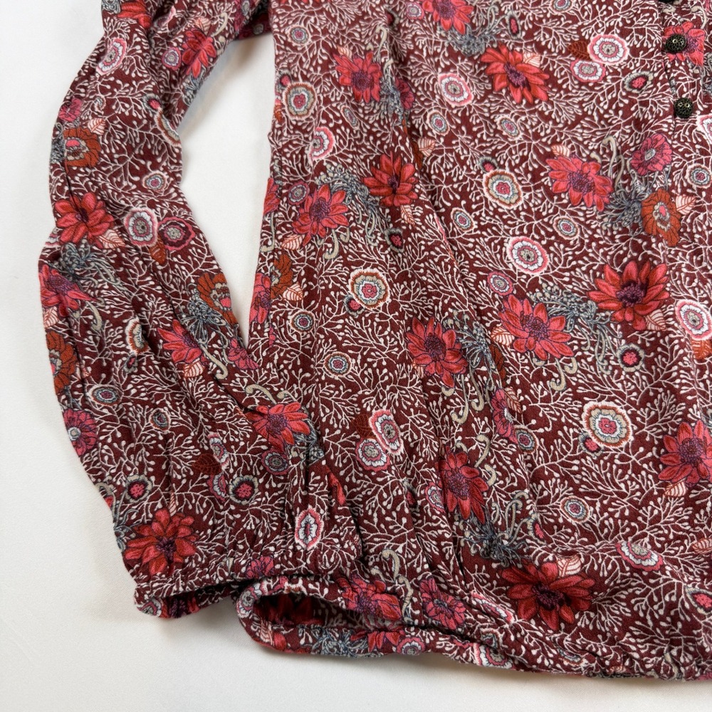 Lucky Brand Women Burgundy Red Floral Henley Peasant Blouse Long Sleeve Small - Picture 2 of 8